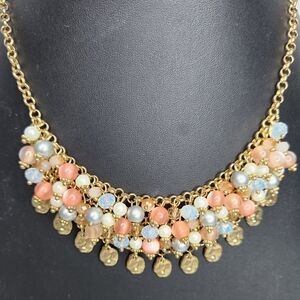 Leslie Danzis Iridescent Crystal Bead Gold Bauble Bib Necklace 18" Long